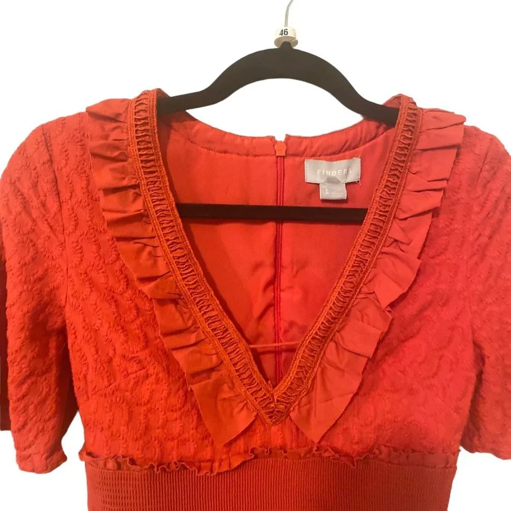FINDERS KEEPERS Red Memento Ruffle Midi Dress with V Neck, size Small - Picture 4 of 11